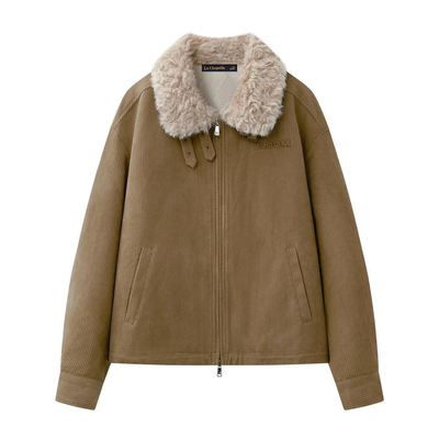 拉夏贝尔/La Chapelle毛毛翻领灯芯绒外套女冬季新款夹棉保暖上衣