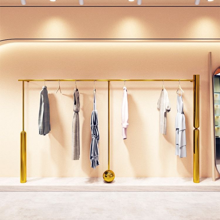 女装店钛金展示架时尚上墙壁挂式落地不锈钢挂衣服架子店陈列货架