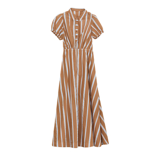 谜底条纹连衣裙短袖女年夏季新品复古风修身长裙子242ML0628