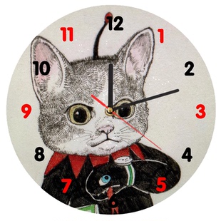 口裕子猫咪木制壁挂钟手绘设计圆形动物装饰实木钟简约民宿墙饰
