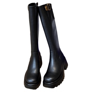 拖沓刘天王/小粗腿显瘦厚底金属扣粗高跟骑士靴/全牛皮/大小筒围