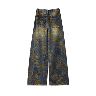 个性印花设计做旧加绒牛仔裤