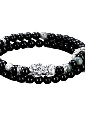 天然黑曜石手串招财貔貅纯银手串