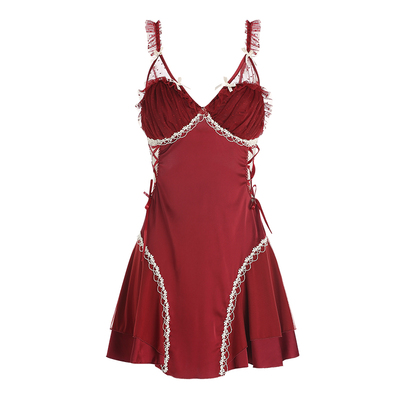 性感睡衣缎面拼纱深v加胸垫纯欲风睡裙诱惑老公qqny情调趣味内衣