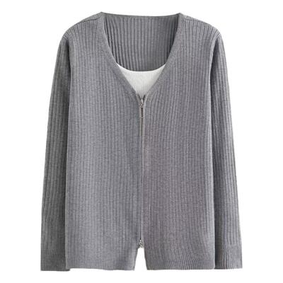 2026秋装新款大码胖mm遮肉显瘦休闲假两件针织衫女套头毛衣打底衫