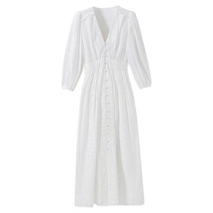 【左岸月光】重工定位剪裁 法式度假风V领泡泡袖打揽高收腰连衣裙