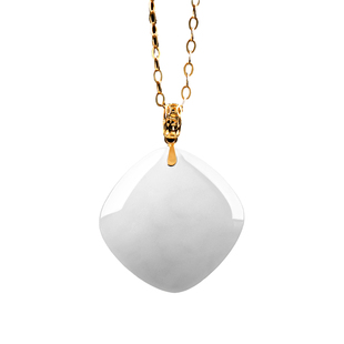 天然老料和田玉方形方糖吊坠正品18K金镶玉石项链挂件男士女士款