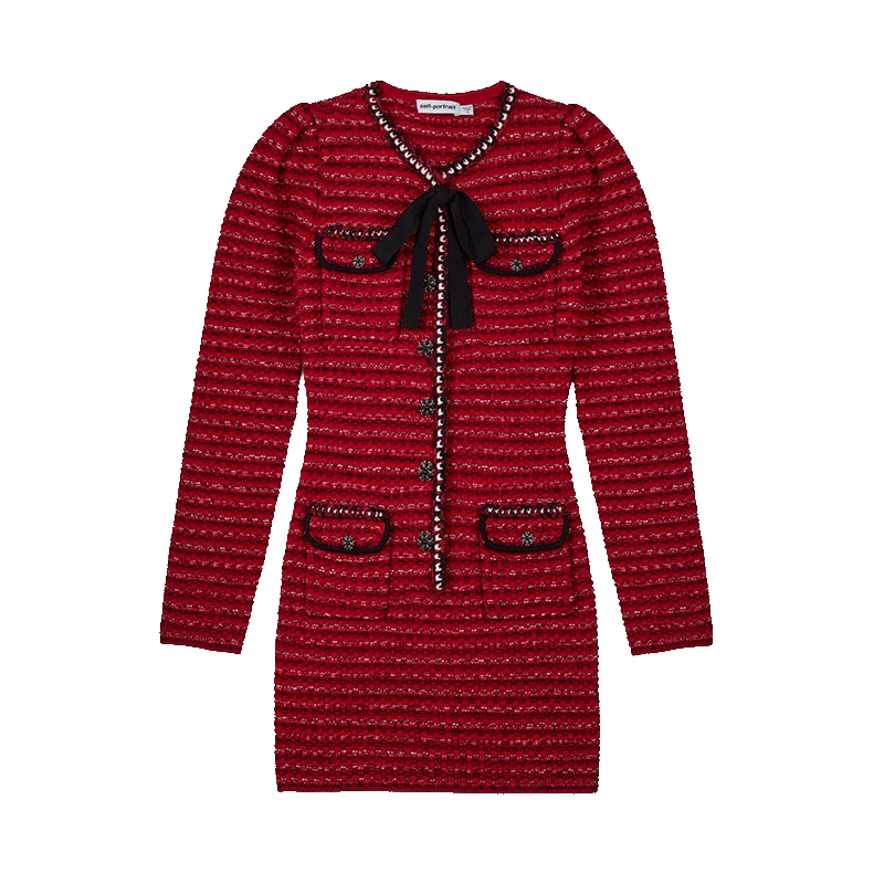self-portrait 红色蝴蝶结小香风包臀针织连衣裙