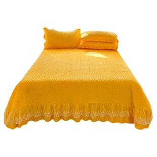 秋冬纯色牛奶绒夹棉绗缝床盖单件加厚蕾丝荷叶花边床单三件套保暖