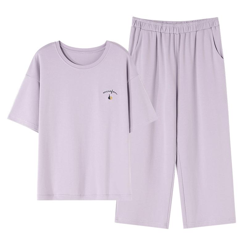 新一步100%全棉睡衣女士夏季短袖純棉家居服套裝套頭九分褲圓領(lǐng)