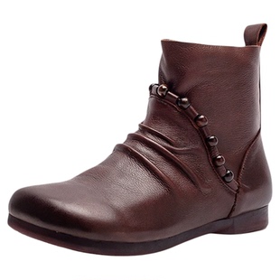 四月倾城真皮手工擦色短靴女秋冬新款复古休闲低跟软底马丁靴单靴