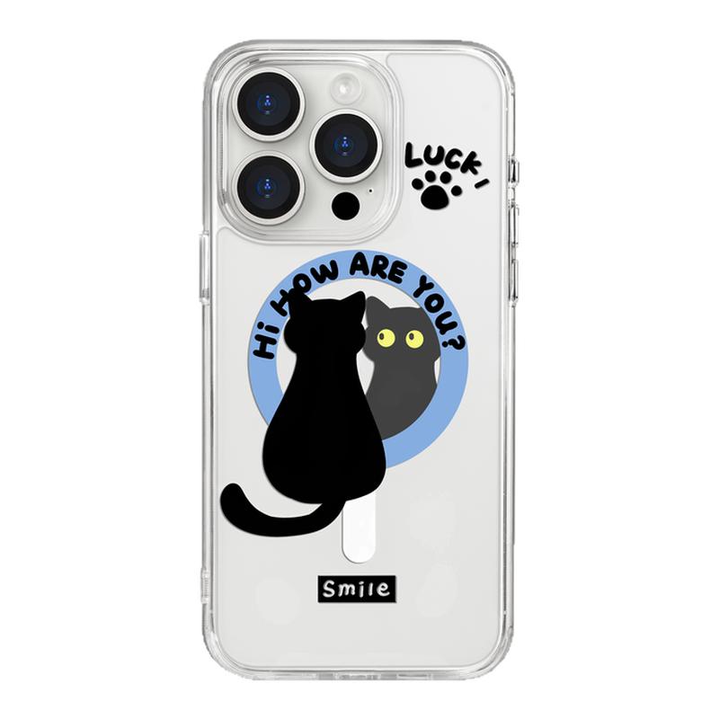 benefit趣味照镜子小黑猫18pro17适用于iphone16promax苹果15PRO黑色透明磁吸手机壳13新款14防摔保护套12