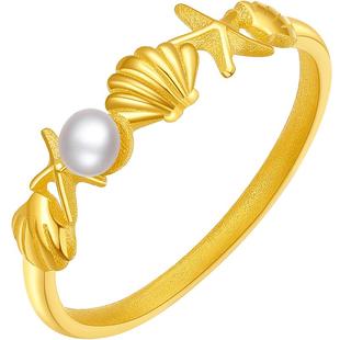 周六福足金淡水珍珠戒指女贝壳鱼类夏日海洋黄金镶嵌戒指新年礼物