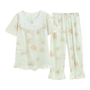 罗丝美春夏季印花圆V领短袖睡衣套装100%棉家居服外穿女薄款12062