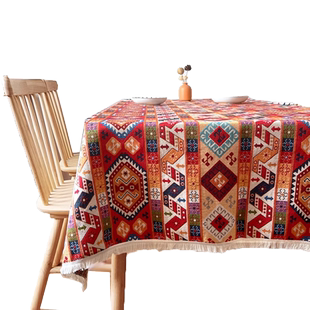 红色波西米亚餐桌布棉麻复古摩洛哥风情台布美式高级感轻奢民族风