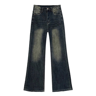 复古蓝微喇牛仔裤女冬季加绒加厚大码胖mm宽松显瘦梨型身材长裤子