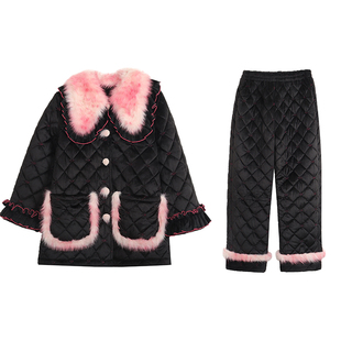 原创豹纹撞色三层加厚夹棉睡衣两件套宽松加绒加棉家居服套装冬新