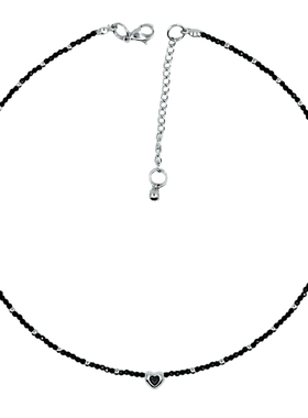 原创手作天然黑尖晶黑银爱心项链