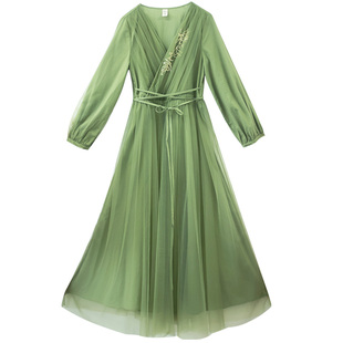 现货【菁芜】原创长袖连衣裙女秋季新款气质网纱长裙抽褶收腰裙子