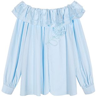 落落狷介春装女款2025年新款蓝色荷叶边一字肩衬衫女套头上衣宽松