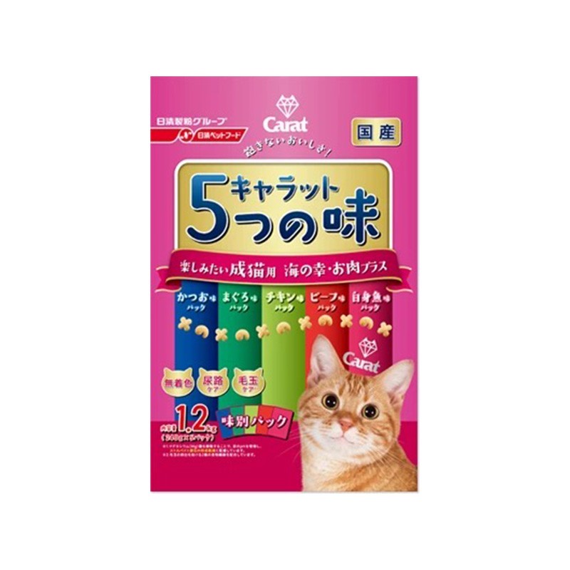日本進(jìn)口日清 Carat5種風(fēng)味呵護(hù)腸胃毛球貓糧5種海鮮口味1.2kg