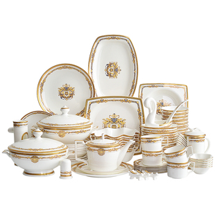 轻奢餐具套装家用欧式10人骨瓷碗碟组合碗盘乔迁礼盒会所成套餐具