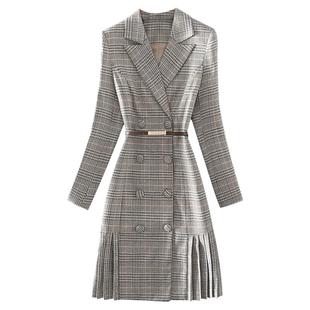 清仓新款气质通勤高端职业女装千鸟格双排扣腰带收腰长袖连衣裙子