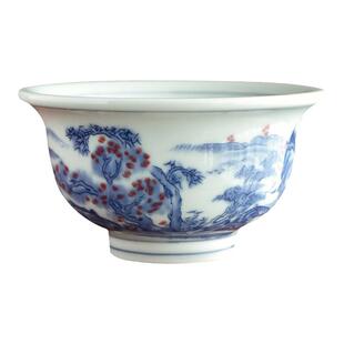 青花釉里红山水压手杯仿古永乐陶瓷主人杯大撇口功夫茶具茶碗单杯