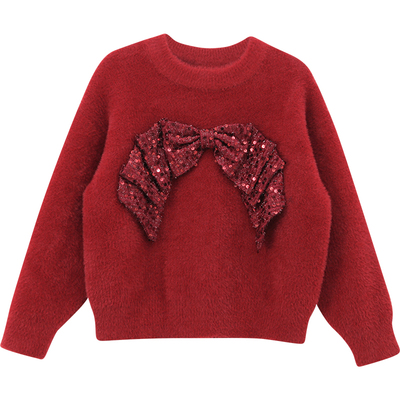 圣诞氛围感亮片蝴蝶结仿貂绒毛衣