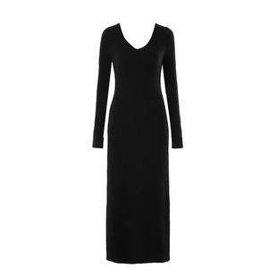 DPLAY秋季法式风V领黑色可脱卸立体花朵收腰长袖针织连衣裙