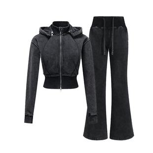 三枝梅花运动套装女400g加绒短款修身连帽卫衣微喇叭休闲裤两件套