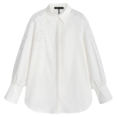 BCBG秋冬女装精致气质优雅百搭设计感钻饰蕾丝拼接上衣白色衬衫