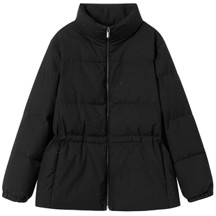 【匈牙利白鹅绒】LANCY/朗姿2025冬季新款烫钻收腰短款立领羽绒服