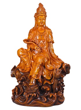 印尼色自在观音菩萨摆件家用佛堂供奉柳枝观音坐莲花玉净瓶观世音