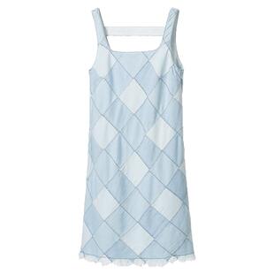 IT SJYP女装菱格纹吊带牛仔连衣裙新款甜美辣妹毛边露背吊带短裙