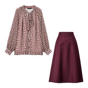 颜域酒红碎花衬衫高腰半裙套装女士2026春装新款法式复古通勤穿搭