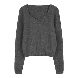 solighter 100%羊毛方领套头针织衫女秋季2025新款复古软糯毛衣