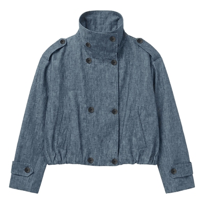 含亚麻宽松短款风衣外套