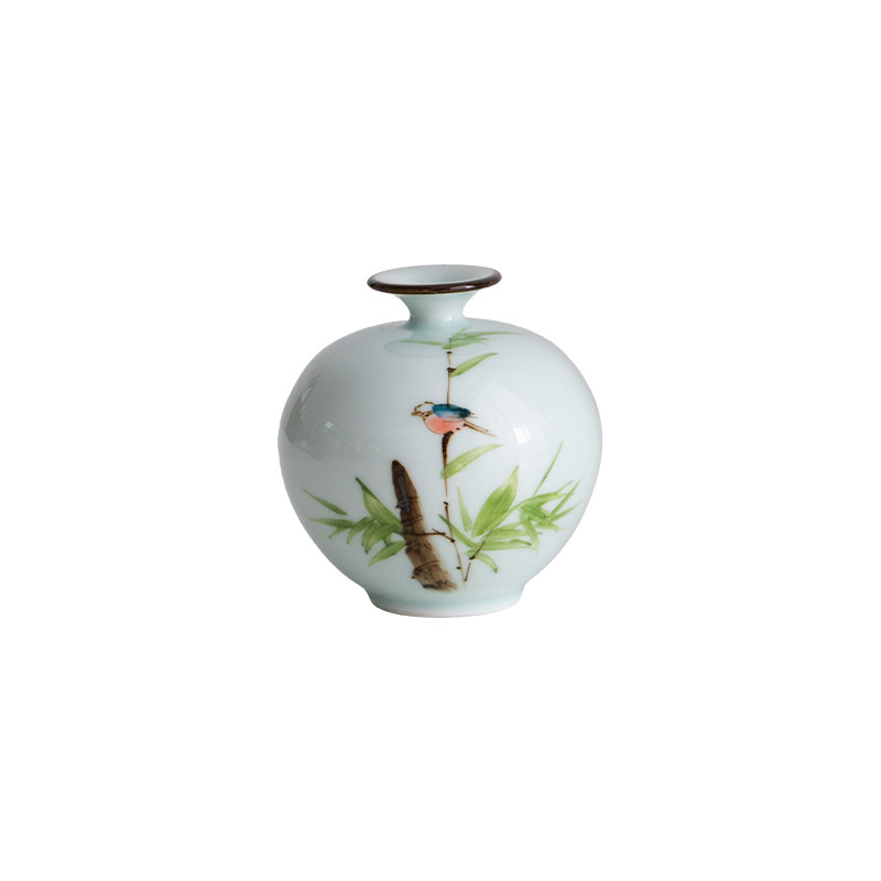 景德镇手绘竹叶小鸟手工陶瓷花瓶居家中式摆件干花小瓶花器摆书桌