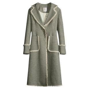 固执秋冬新款复古百搭枯草绿千鸟格西装领直筒长款外套女