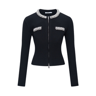 LILY2025冬新款含羊毛小香风钉钻圆领修身通勤黑色针织开衫短款女