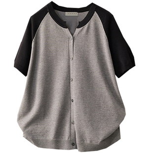 夏季大码200斤薄款撞色针织开衫女胖mm宽松显瘦短袖T恤冰爽丝上衣
