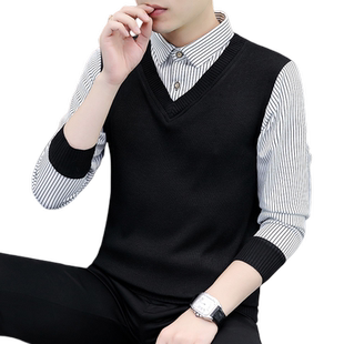 假两件长袖衬衫领毛衣男春秋冬季韩版潮流加绒加厚保暖针织打底衫