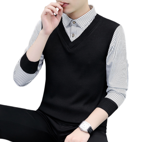 假两件长袖衬衫领毛衣男春秋冬季韩版潮流加绒加厚保暖针织打底衫