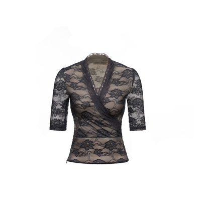 思瑞 鼠尾草绿交叉蕾丝上衣 显胸性感气质V领韩女修身中袖打底衫