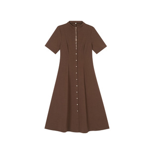 一城画一新款简约时尚修腰显瘦短袖纯色过膝长款连衣裙