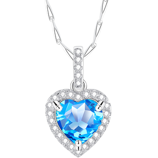 999纯银海洋之心银项链女款女天然蓝色宝石托帕石吊坠女士送女友
