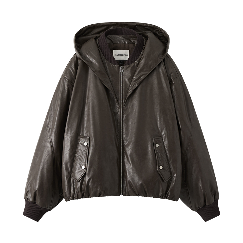 ORGANIC EMOTION飞行员夹克连帽羽绒服环保皮革解构三防厚外套OE