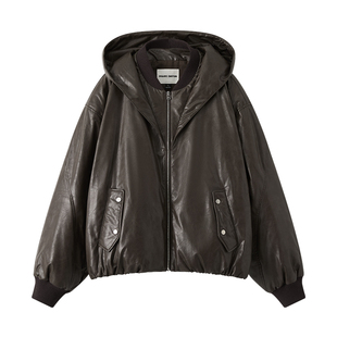 ORGANIC EMOTION飞行员夹克连帽羽绒服环保皮革解构三防厚外套OE