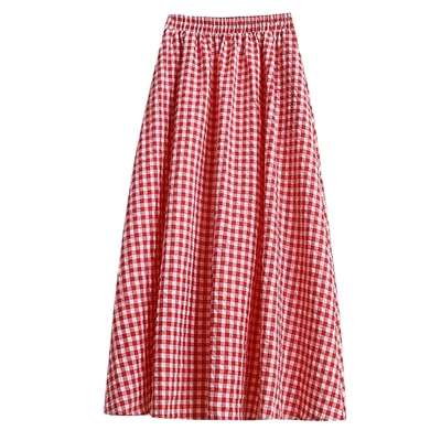 文艺格子高腰大摆A字伞裙长裙